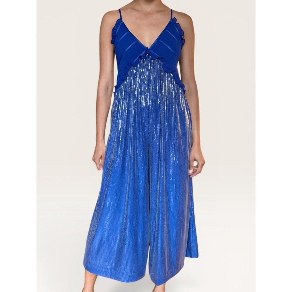 Anthropologie Maeve Royal Blue Sequin Jumpsuit XS Wide Leg Mermaid Glam NWT